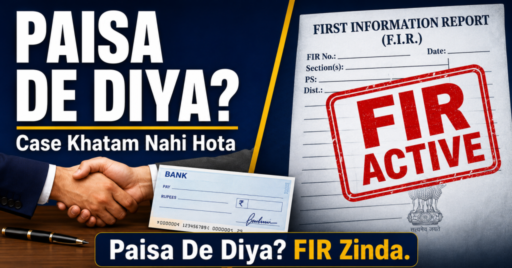 Split image showing a settlement payment beside an active FIR document, illustrating that paying a complainant does not close a criminal case under BNSS.