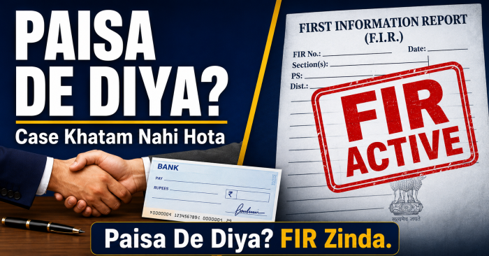 Split image showing a settlement payment beside an active FIR document, illustrating that paying a complainant does not close a criminal case under BNSS.
