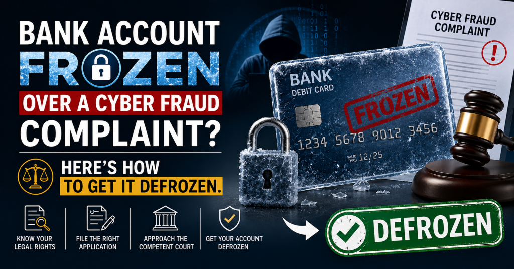 Debit card frozen in ice with a gold crack, representing a bank account frozen over a cyber fraud complaint