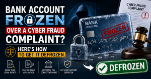 Debit card frozen in ice with a gold crack, representing a bank account frozen over a cyber fraud complaint