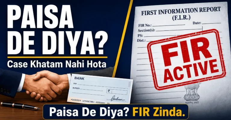 Split image showing a settlement payment beside an active FIR document, illustrating that paying a complainant does not close a criminal case under BNSS.
