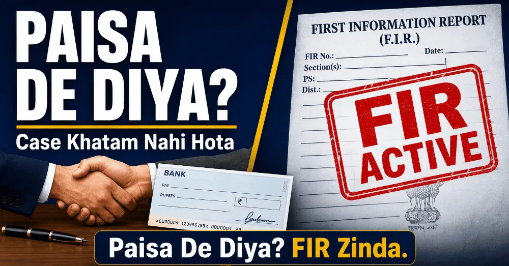Split image showing a settlement payment beside an active FIR document, illustrating that paying a complainant does not close a criminal case under BNSS.