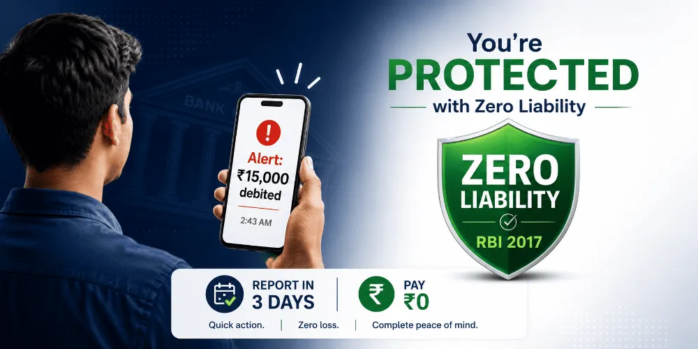 Person holding phone with unauthorized transaction alert overlaid with RBI zero liability green shield